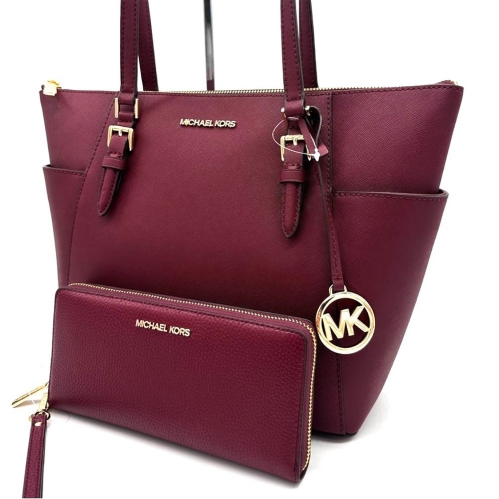 Michael Kors Large Charlotte TZ Tote Bag & Large Continental Wallet Dark Cherry - Picture 2 of 13